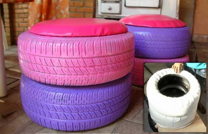Aparentes ou encapados, os puffes feitos com pneus são úteis e lindos