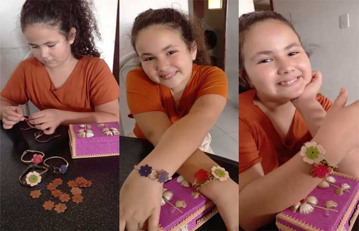 Jogo de educação financeira incentiva menina de 12 anos a reutilizar couro e vender pulseiras