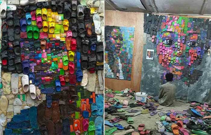 Artista transforma chinelos em lindos retratos para combater a poluição plástica