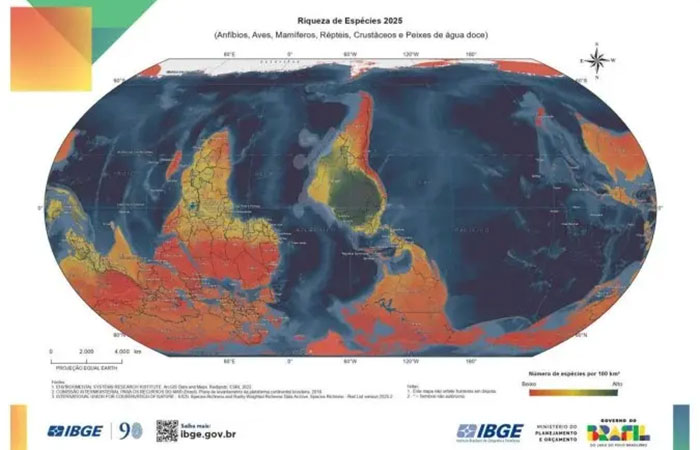 IBGE lança mapa invertido com Brasil no centro e foco na biodiversidade