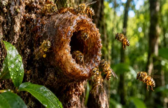 A abelha sem ferrão da Mata Atlântica, que ganhou notoriedade na ciência por, além de produzir geopropólis, ser capaz de construir entradas de cera que protegem a colônia