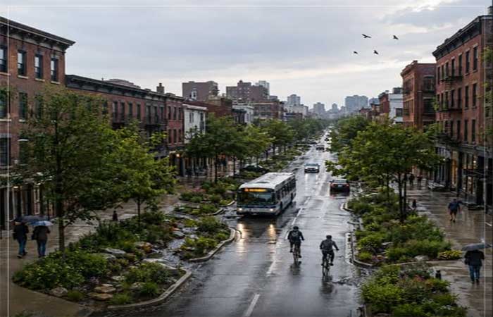 No lugar de cobrir tudo com concreto, os jardins de chuva ajudam a captar a água das tempestades, reduzem os alagamentos e ainda criam espaços com plantas, flores e pássaros no meio da cidade