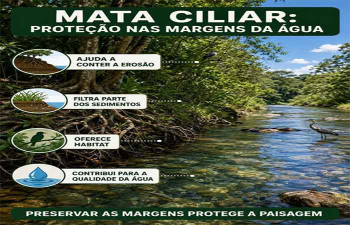 Mata Ciciliar: proteção nas margens da água; Preservar as margens protege a paisagem