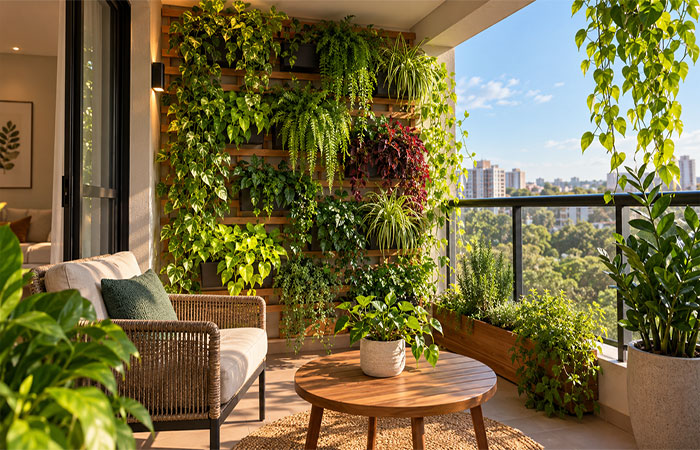Morador coloca jardim vertical na varanda para aproveitar o espaço e descobre como escolher as plantas certas para deixar a casa mais fresca