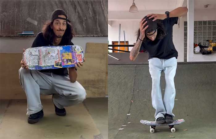 Influenciadores criam skate com lixo de campanha política e testam manobra